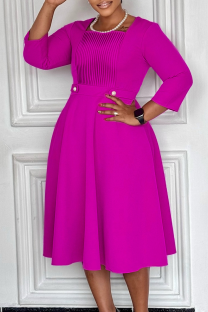 Rose Red Elegant Solid Color Pleated Square Neck A Line Dresses