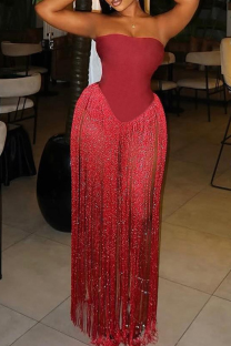Red Sexy Solid Color Fringed Trim Strapless Skinny Bodysuits