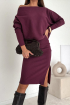 Burgundy Elegant Solid Color Slit Oblique Collar Long Sleeve Two Pieces