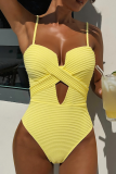 Yellow Sexy Stripe Hollow Out Swimwears