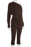 Brown Casual Solid Color Patchwork Oblique Collar Long Sleeve Two Pieces