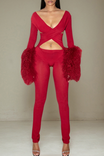 Red Sexy Solid Color Hollow Out V Neck Skinny Jumpsuits