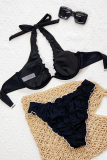 Black Sexy Solid Color Patchwork Swimwears