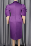 Purple Elegant Solid Color Ruched V Neck Wrapped Skirt Dresses