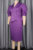 Purple Elegant Solid Color Ruched V Neck Wrapped Skirt Dresses