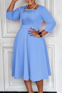 Sky Blue Elegant Solid Color Pleated Square Neck A Line Dresses