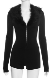 Black Sexy Solid Color Fluffy V Neck Skinny Rompers