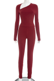 Burgundy Casual Solid Color Asymmetrical Collar Long Sleeve Two Pieces
