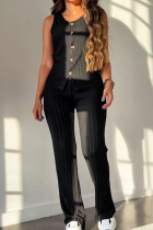 Black Casual Solid Color Buckle V Neck Sleeveless Two Pieces