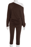 Brown Casual Solid Color Patchwork Oblique Collar Long Sleeve Two Pieces
