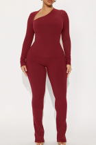 Burgundy Casual Solid Color Asymmetrical Collar Long Sleeve Two Pieces