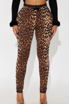 Brown Casual Print Bow Decor Skinny Conventional Full Print Bottoms