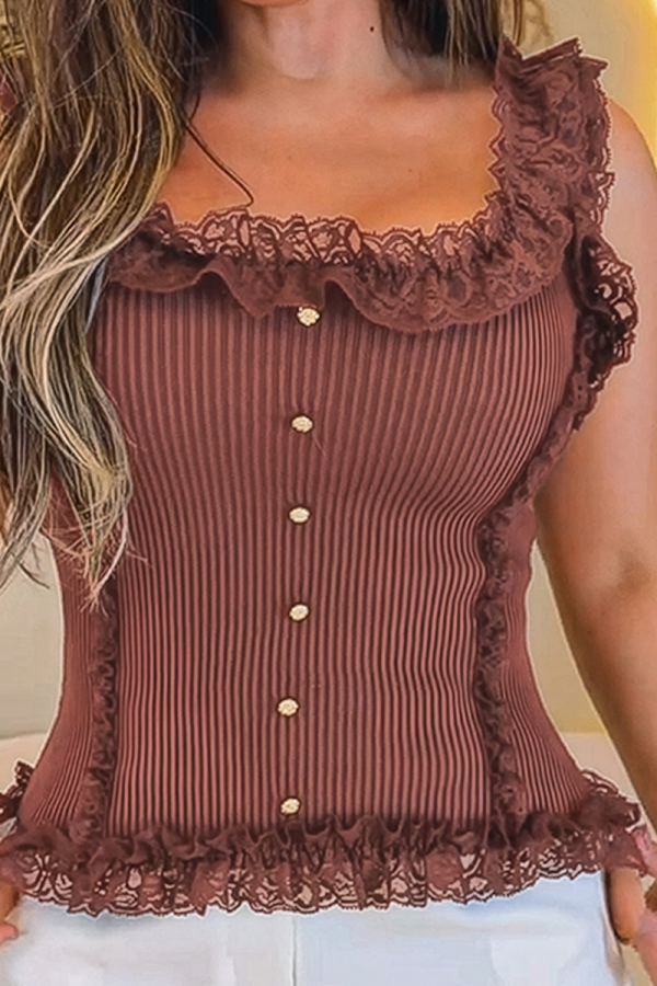 Brown Lace Paneled Waist Top Retro Court Style Slim Blouse