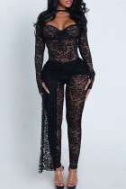 Black Sexy Solid Color Lace Square Neck Long Sleeve Two Pieces