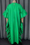 Red Casual Solid Color Flounce O Neck Long Dresses