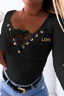 Black Sexy Letters Cross Straps V Neck Tops