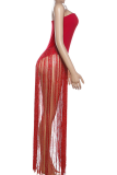 White Sexy Solid Color Fringed Trim Strapless Skinny Bodysuits