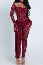 Burgundy Sexy Solid Color Lace Square Neck Long Sleeve Two Pieces
