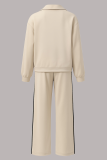 Apricot Casual Stripe Contrast Turndown Collar Long Sleeve Two Pieces