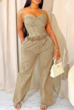 Khaki Casual Solid Color Patchwork Strapless Sleeveless Two Pieces