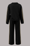 Apricot Casual Stripe Contrast Turndown Collar Long Sleeve Two Pieces