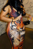 Orange Sexy Print Hollow Out Spaghetti Strap Skinny Jumpsuits