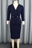 Tibetan Blue Elegant Solid Color Buckle Turndown Collar Wrapped Skirt Dresses