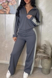 Grey Casual Solid Color Contrast Zipper Collar Long Sleeve Two Pieces