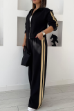 Apricot Casual Stripe Contrast Turndown Collar Long Sleeve Two Pieces