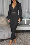 Pink Casual Solid Color Patchwork V Neck Long Sleeve Two Pieces