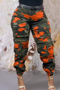 Orange Casual Camouflage Print Pocket Regular Conventional Full Print Bottoms
