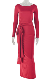 Red Elegant Solid Color Strap Design O Neck Long Dresses