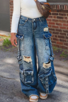 Blue Casual Solid Color Ripped Loose Denim Jeans