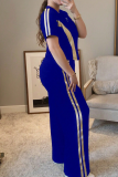 Blue Casual Stripe Contrast Turndown Collar Long Sleeve Two Pieces