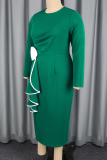 Green Elegant Solid Color Flounce O Neck Long Dresses