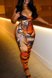 Orange Sexy Print Hollow Out Spaghetti Strap Skinny Jumpsuits