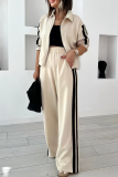 Apricot Casual Stripe Contrast Turndown Collar Long Sleeve Two Pieces