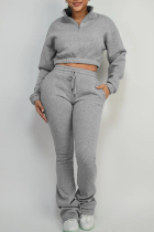 Grey Casual Solid Color Zipper Zipper Collar Long Sleeve Two Pieces