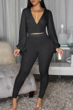 Pink Casual Solid Color Patchwork V Neck Long Sleeve Two Pieces