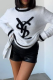 White Casual Letters Contrast O Neck Tops