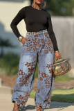 Blue Casual Flowers Contrast Mid Waist Loose Denim Jeans