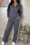 Grey Casual Solid Color Contrast Zipper Collar Long Sleeve Two Pieces