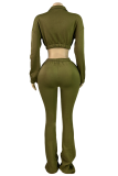 Army Green Casual Solid Color Zipper Zipper Collar Long Sleeve Two Pieces