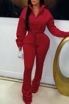 Burgundy Casual Solid Color Zipper Zipper Collar Long Sleeve Two Pieces