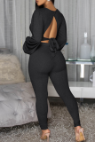 Pink Casual Solid Color Patchwork V Neck Long Sleeve Two Pieces