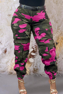 Rose Red Casual Camouflage Print Pocket Regular Conventional Full Print Bottoms