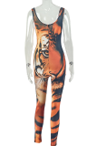 Orange Sexy Print Hollow Out Spaghetti Strap Skinny Jumpsuits