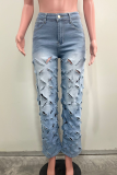Light Blue Casual Solid Color Ripped Straight Denim Jeans