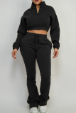 Army Green Casual Solid Color Zipper Zipper Collar Long Sleeve Two Pieces