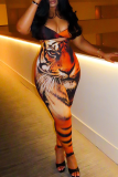 Orange Sexy Print Hollow Out Spaghetti Strap Skinny Jumpsuits